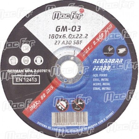 Disco abrasivo rebarbar ferro MacFer GM 115x6,0x22,23mm ref. 165.0020 MACFER