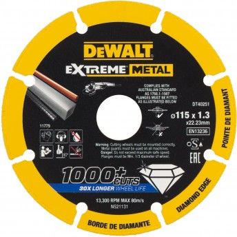 Disco de corte com a borda diamantado Extreme Metal 115x1.3x22.3 milímetros ref.DT40251-QZ DEWALT