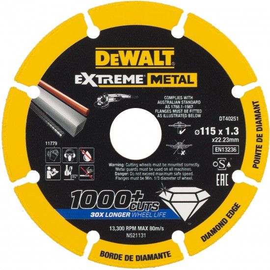 Disco de corte com a borda diamantado Extreme Metal 115x1.3x22.3 milmetros ref.DT40251-QZ DEWALT