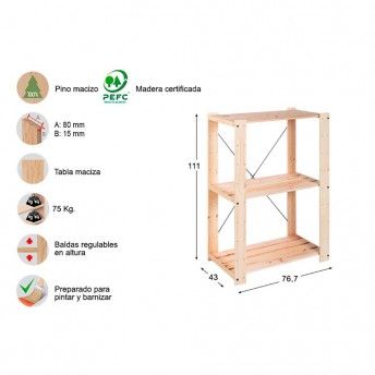 Estante 3 prateleiras evolution 111x76,7x43cm pinho macio ref. 75261 ASTIGARRAGA