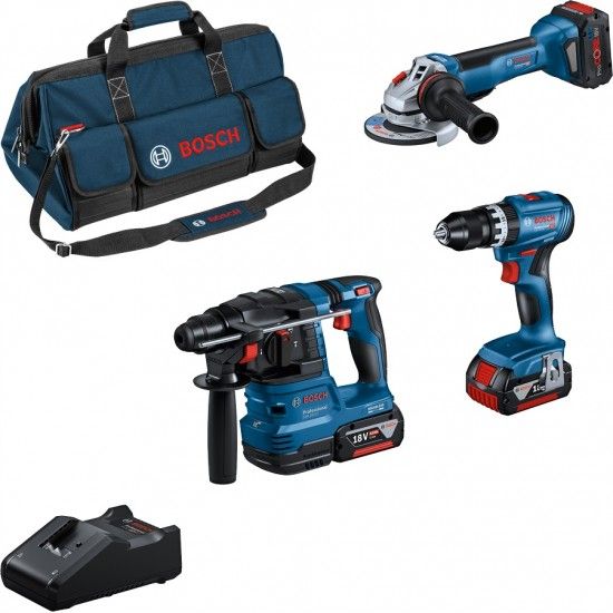 Kit ferramentas Bosch [0615A5004C] Martelo GBH 18V-22 + Aparafusadora GSB 18V-45 + Rebarbadora GWS 1