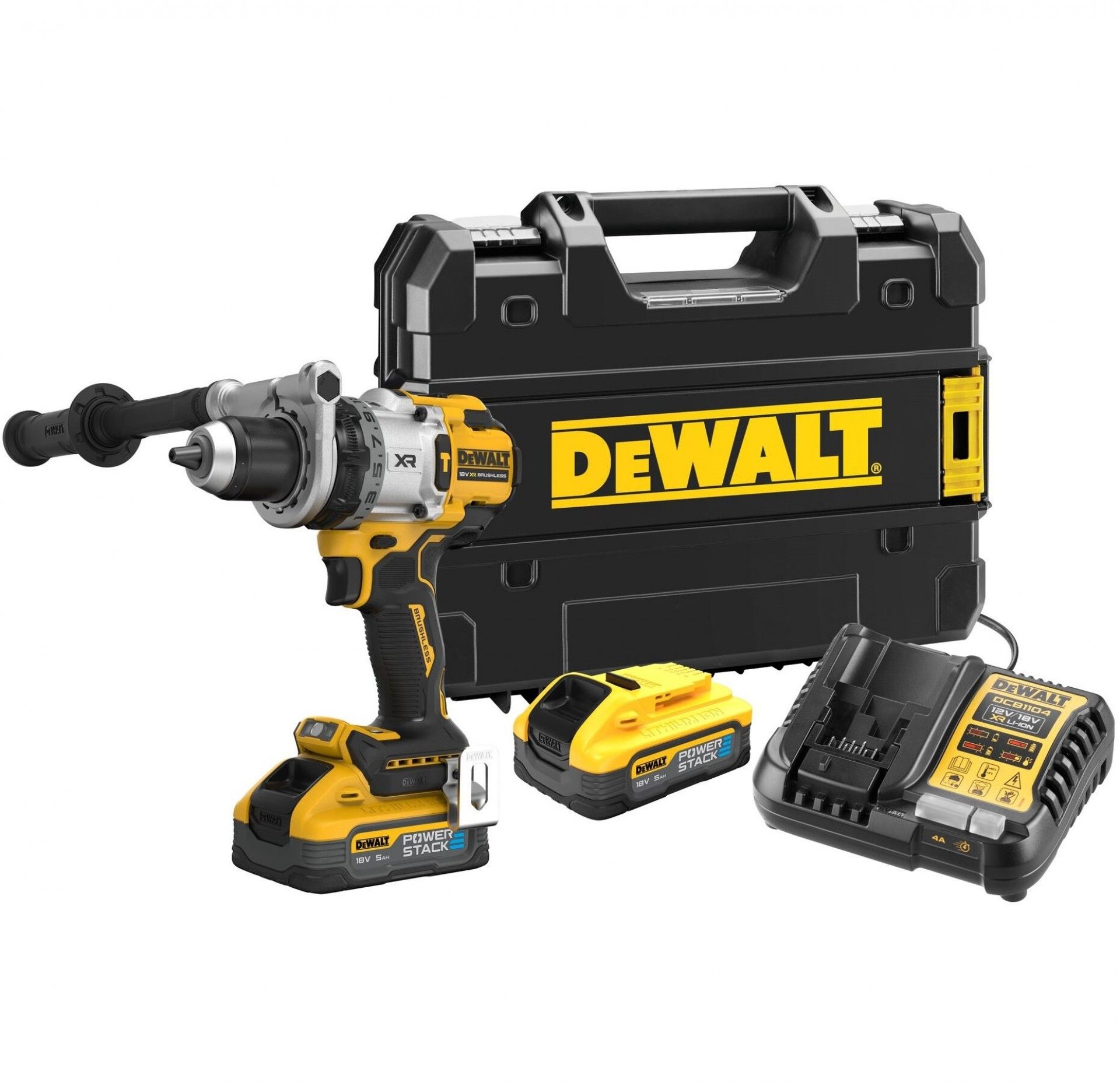 Aparafusadora Dewalt c/percussão XR 18V + 2 baterias Powerstack 5.0Ah + carregador e mala DCD1007H2T