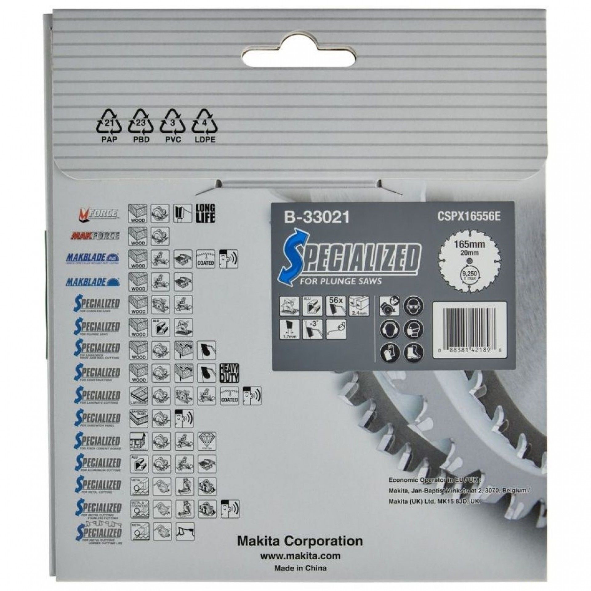 Disco Makita 165x20mm 56D refª B-33021 especial aluminio