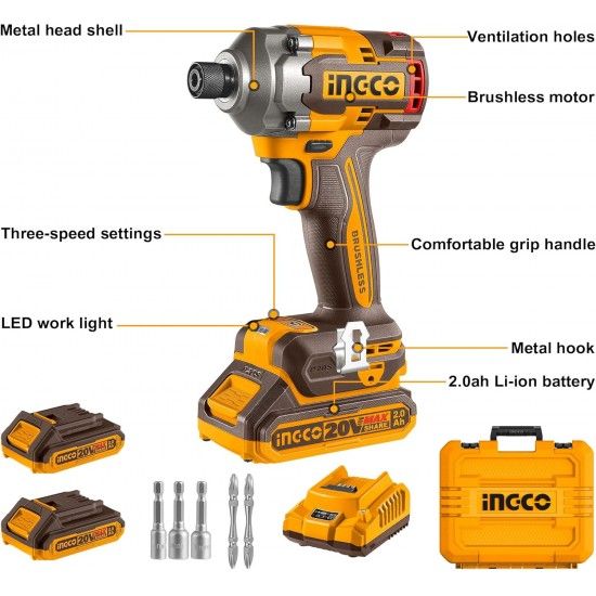 Aparafusadora Impacto 285Nm Brushless 2 baterias 2.0Ah c/mala e acesórios refª CIRLI2028 Ingco Aparafusadora Impacto 285Nm Brushless 2 baterias 2.0Ah c/mala e acesórios refª CIRLI2028 Ingco
