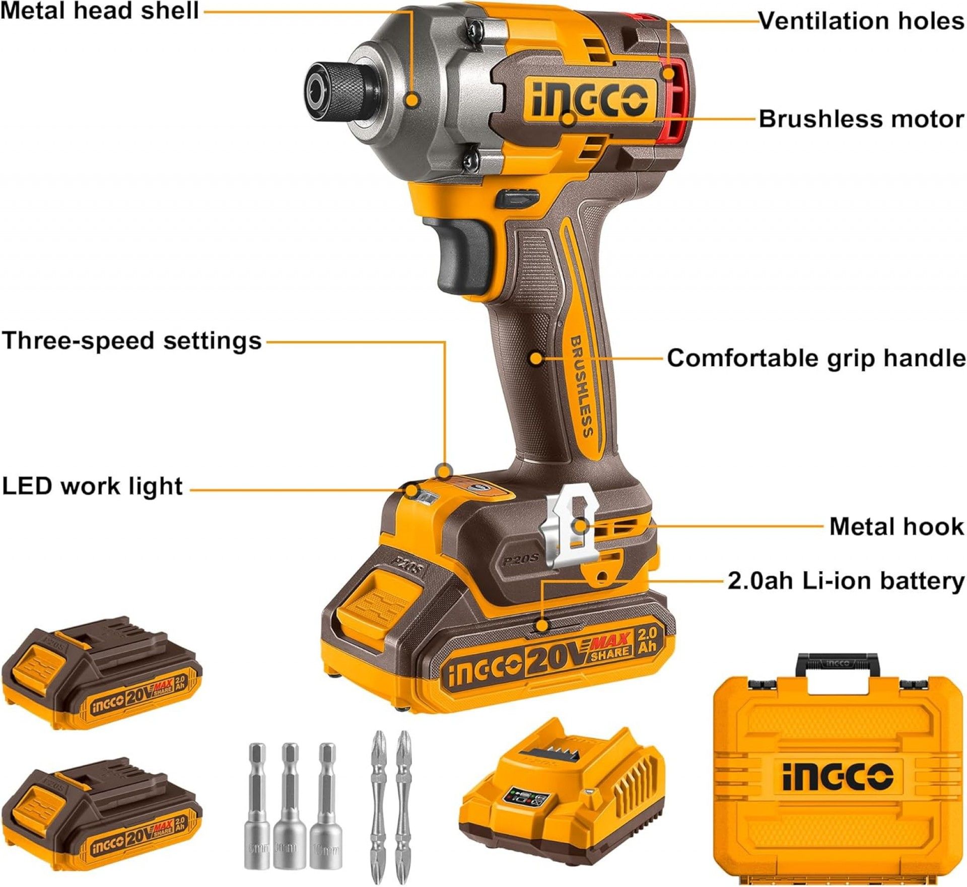 Aparafusadora Impacto 285Nm Brushless 2 baterias 2.0Ah c/mala e acesórios refª CIRLI2028 Ingco