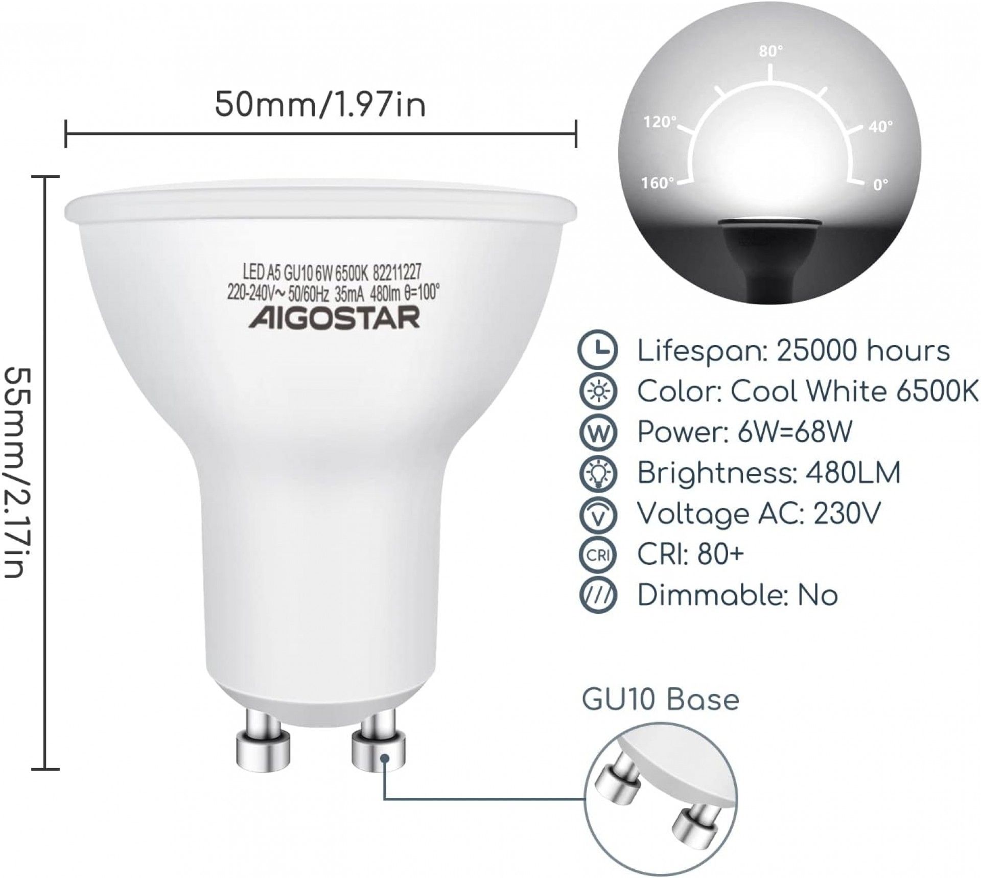 Lampada Led A5 GU10 4W 6500K Aigostar