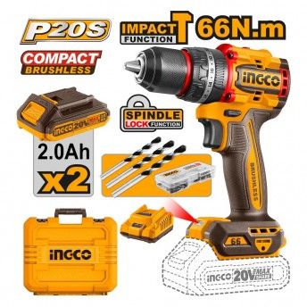 Aparafusadora c/percusso Ingco 66Nm Brushless 2 baterias 2.0Ah c/mala [CIDLI20668E]
