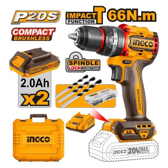 Aparafusadora c/percusso Ingco 66Nm Brushless 2 baterias 2.0Ah c/mala [CIDLI20668E]