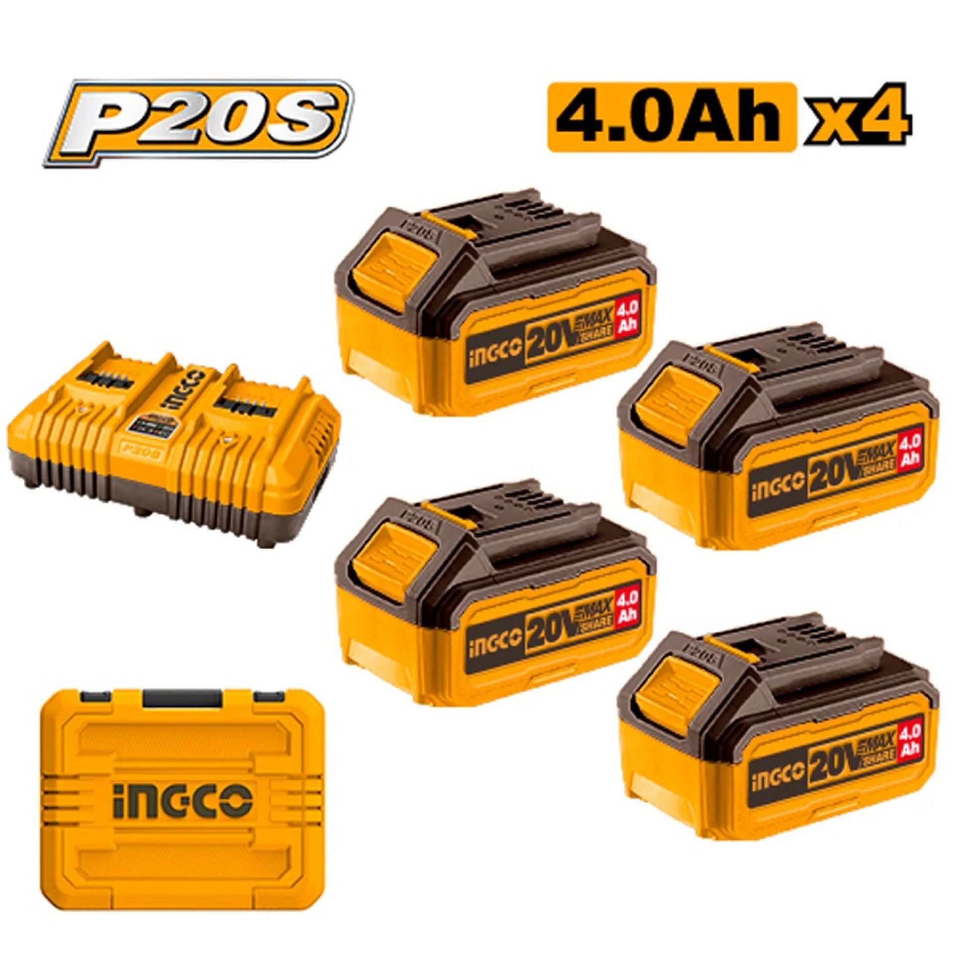 Kit mala c/4 Baterias 20v 4.0Ah + caregador duplo refª FBCLI20244 Ingco