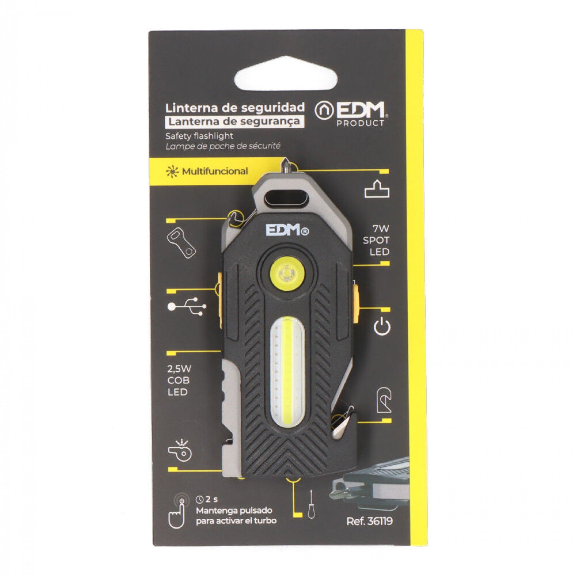 Lanterna porta-chaves multifuncional 6 em 1 7W + 2,5W 400Lm 2 LEDS 300mAh refª 36119 EDM