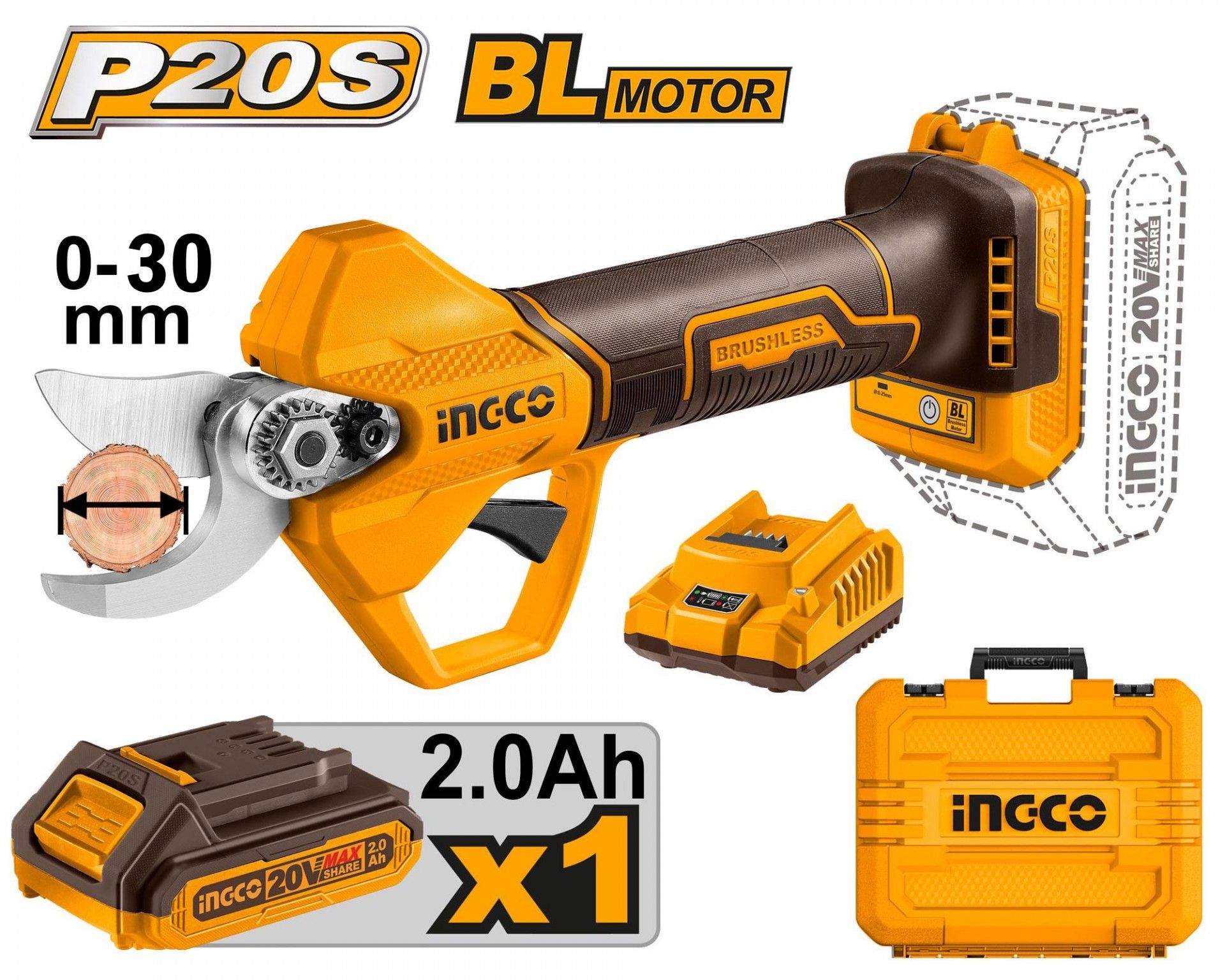 Tesoura poda Brushless 20V 2.0Ah + carregador refª CSSLI203083 Ingco