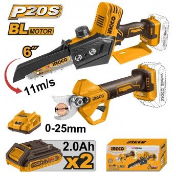 Kit Mini-serra [CGSLI2068]+ tesoura poda Brushless 20V [CSSLI20258]+ (2)x2.0Ah + carregador ref COS