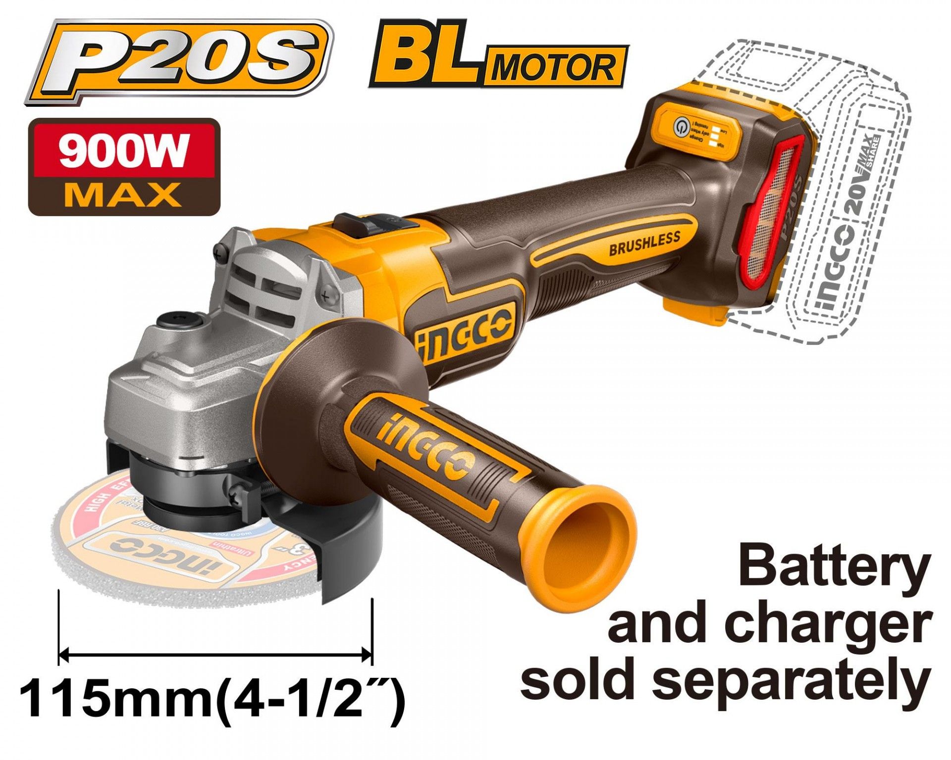 Rebarbadora 20V Brushless 115Mm Max 900W  refª CAGLI21154 IngCo