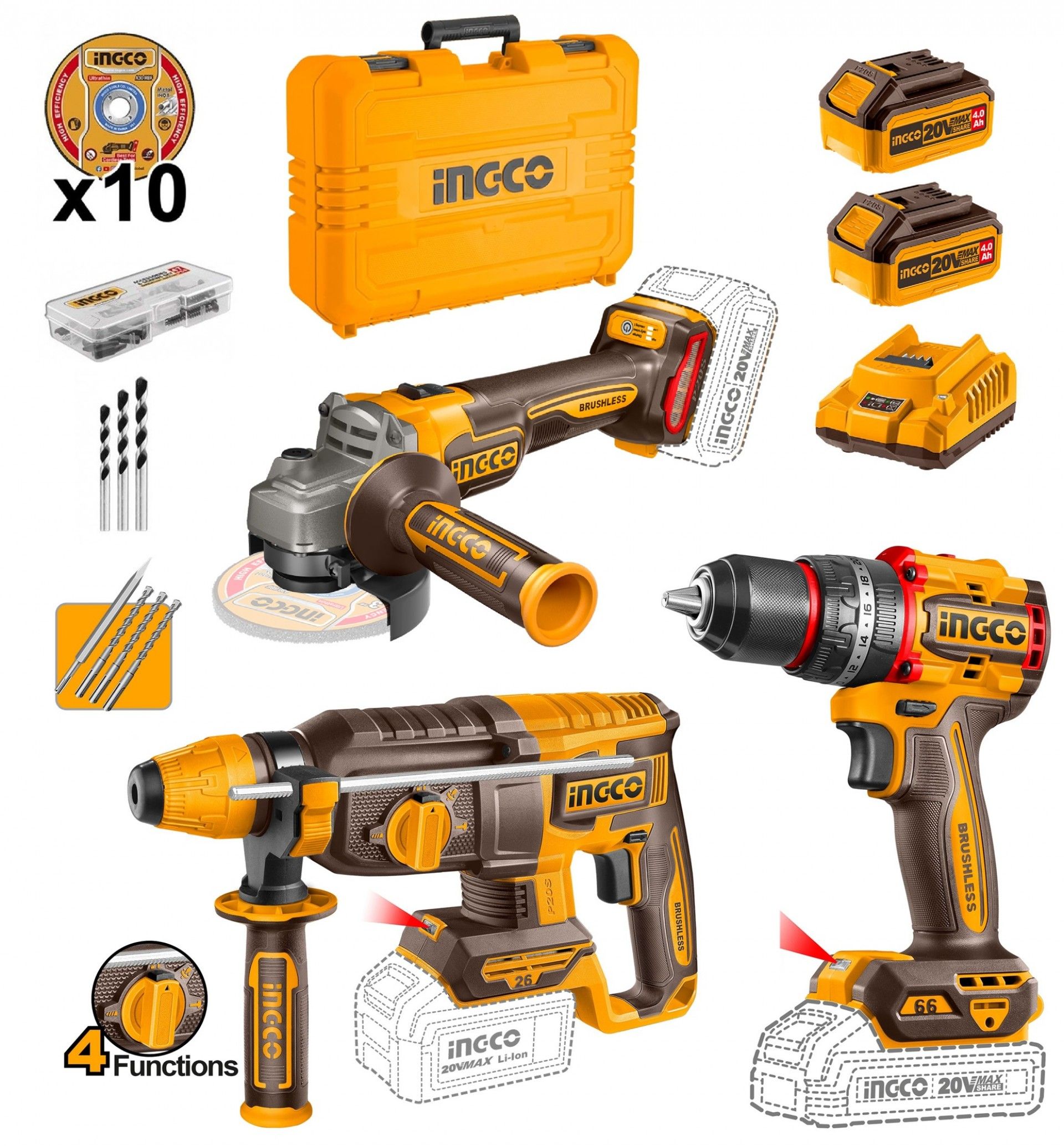 Kit brushless Ingco Aparafusadora [CIDLI20668] + Rebarbadora [CAGLI27563] +Torna [CRHLI20268] + 2 Ba