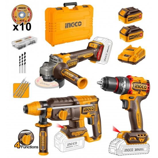 Kit brushless Ingco Aparafusadora [CIDLI20668] + Rebarbadora [CAGLI27103] +Torna [CRHLI20268] + 2 Ba