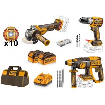 Kit brushless Ingco Aparafusadora [CIDLI20668] + Rebarbadora [CAGLI27103] +Torna [CRHLI20268] + 2 Ba