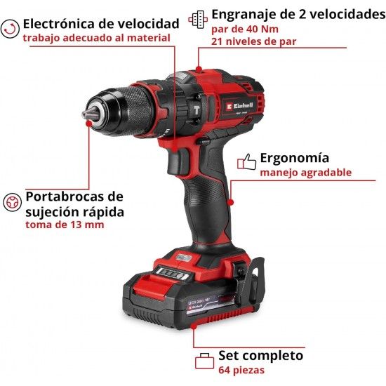 Conjunto Aparafusadora TE-CD 18/40 Li +64 acessórios + (1x2.0 Ah) refª 4514325 EINHELL Conjunto Aparafusadora TE-CD 18/40 Li +64 acessórios + (1x2.0 Ah) refª 4514325 EINHELL
