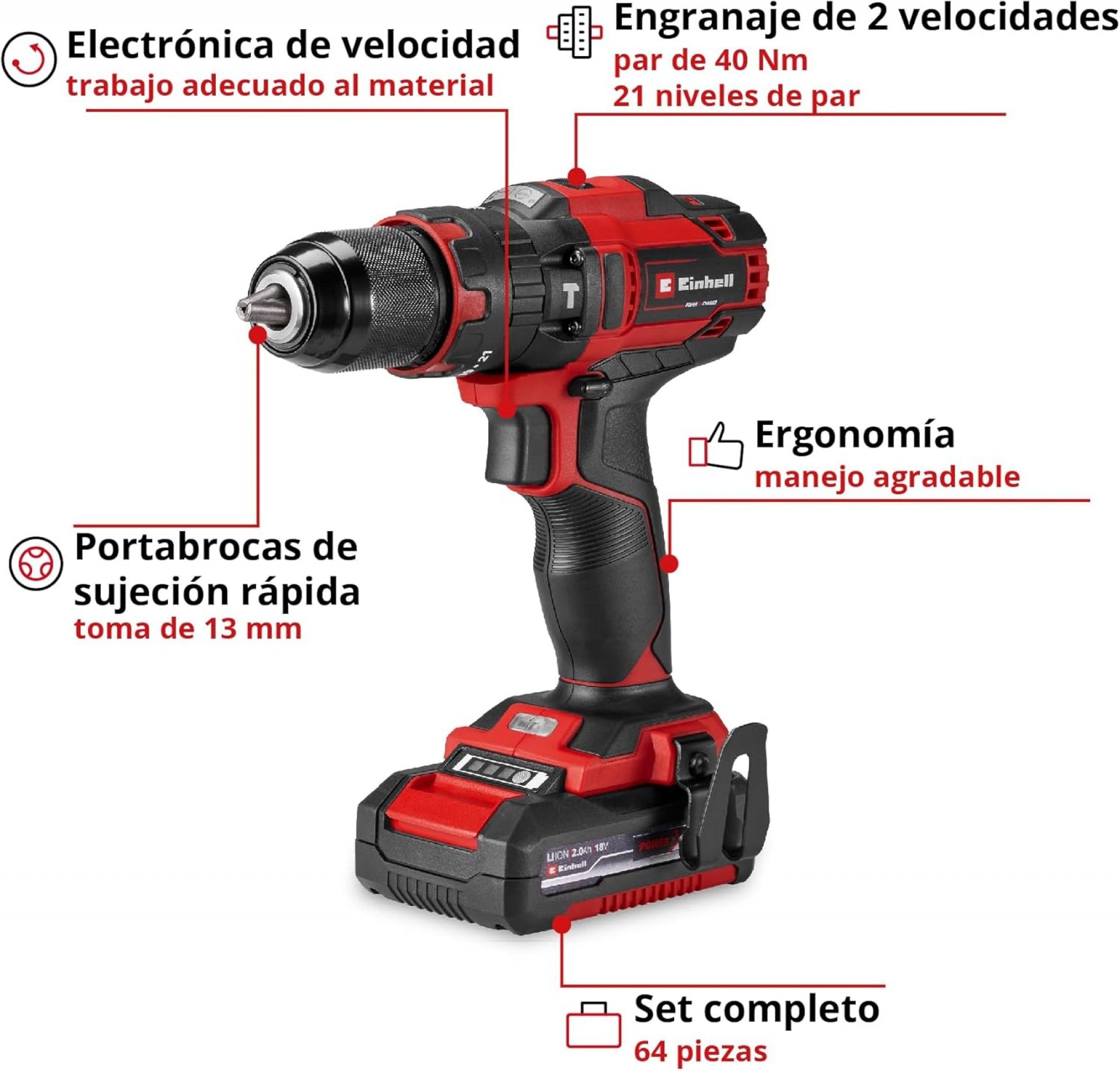 Conjunto Aparafusadora TE-CD 18/40 Li +64 acessórios + (1x2.0 Ah) refª 4514325 EINHELL