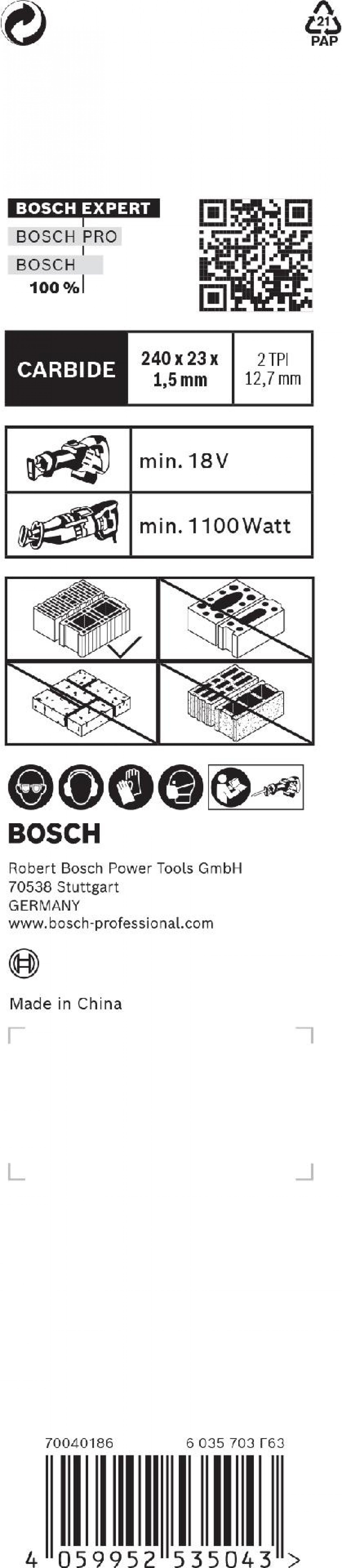 Lâminas de serra sabre S 1543 HM EXPERT 'Hollow Brick' 1 un. refª 2608900414 BOSCH