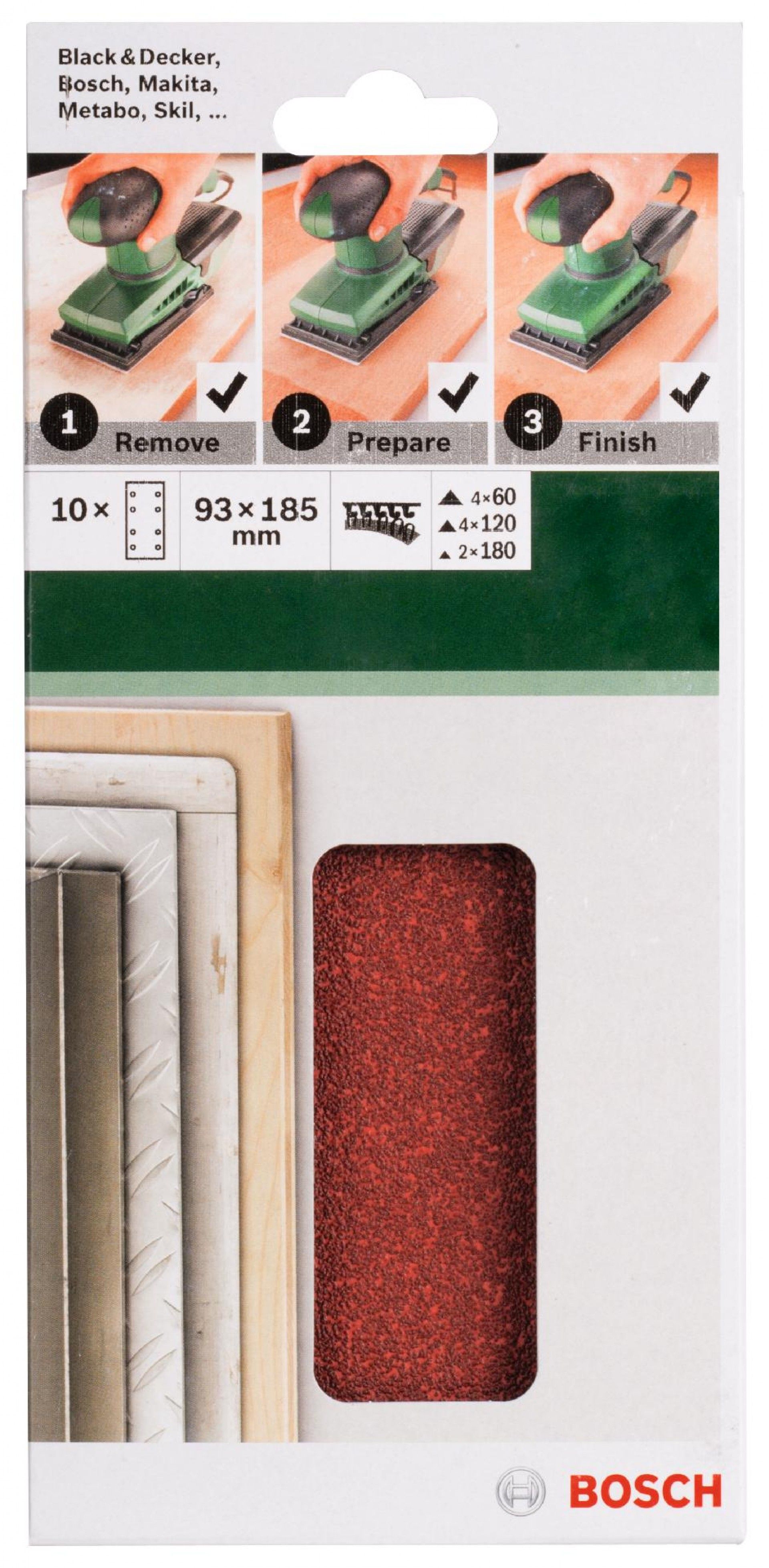 Conjunto de 10 folhas de lixa para lixadeira vibratóriaG= 60, 120, 180 refª 2609256A86 BOSCH