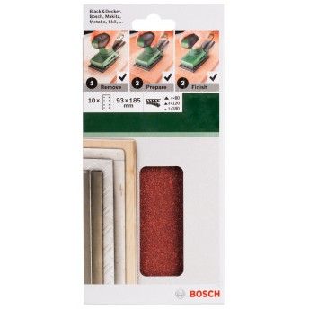 Conjunto de 10 folhas de lixa para lixadeira vibratóriaG= 60, 120, 180 refª 2609256A86 BOSCH Conjunto de 10 folhas de lixa para lixadeira vibratóriaG= 60, 120, 180 refª 2609256A86 BOSCH