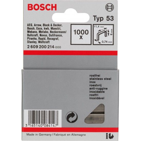 Agrafo de arame fino, tipo 53, inoxidável refª 2609200214 BOSCH Agrafo de arame fino, tipo 53, inoxidável refª 2609200214 BOSCH