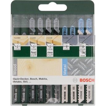 Conjunto de 10 lâminas de serra vertical com encabadouro em TT 101 B (2x); T 144 D (2x); T 119 BO (2 Conjunto de 10 lâminas de serra vertical com encabadouro em TT 101 B (2x); T 144 D (2x); T 119 BO (2