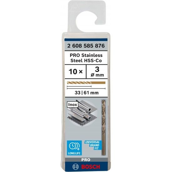 Broca PRO Stainless Steel HSS-Co, 3 x 33 x 61 mm, 10 unid. refª 2608585876 BOSCH Broca PRO Stainless Steel HSS-Co, 3 x 33 x 61 mm, 10 unid. refª 2608585876 BOSCH