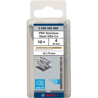 Broca PRO Stainless Steel HSS-Co, 4 x 43 x 75 mm, 10 unid. refª 2608585880 BOSCH Broca PRO Stainless Steel HSS-Co, 4 x 43 x 75 mm, 10 unid. refª 2608585880 BOSCH