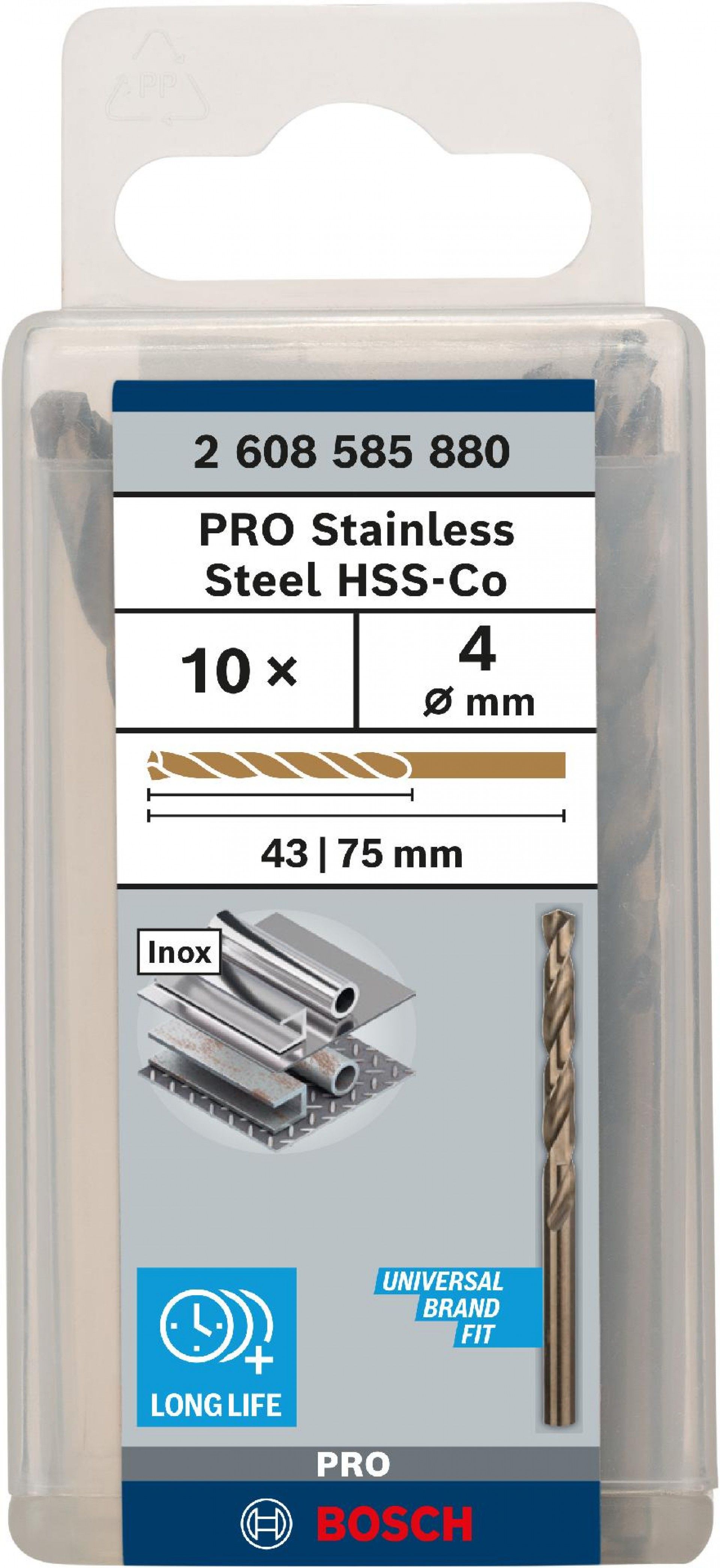 Broca PRO Stainless Steel HSS-Co, 4 x 43 x 75 mm, 10 unid. refª 2608585880 BOSCH