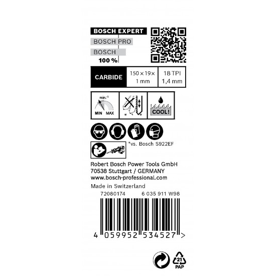 Lâmina de serra sabre S 922 EHM EXPERT ?Thin Tough Metal?, 10 un. refª 2608900362 BOSCH Lâmina de serra sabre S 922 EHM EXPERT ?Thin Tough Metal?, 10 un. refª 2608900362 BOSCH