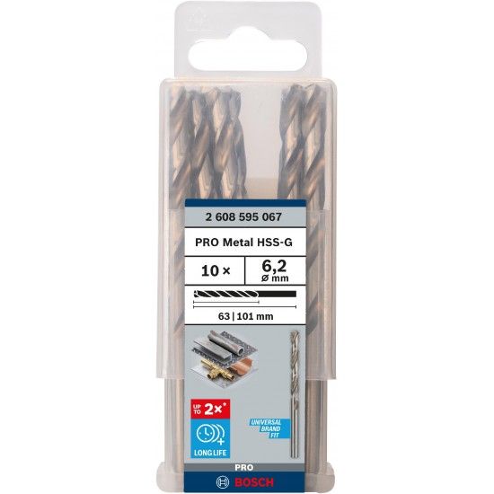 Broca PRO Metal HSS-G, 6,2 x 63 x 101 mm, 10 unid. refª 2608595067 BOSCH Broca PRO Metal HSS-G, 6,2 x 63 x 101 mm, 10 unid. refª 2608595067 BOSCH