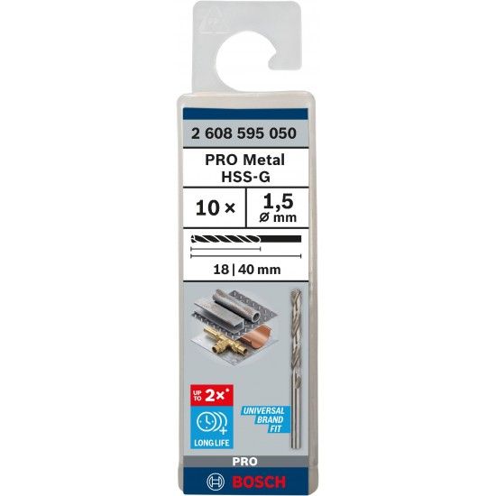 Broca PRO Metal HSS-G, 1,5 x 18 x 40 mm, 10 unid. refª 2608595050 BOSCH Broca PRO Metal HSS-G, 1,5 x 18 x 40 mm, 10 unid. refª 2608595050 BOSCH