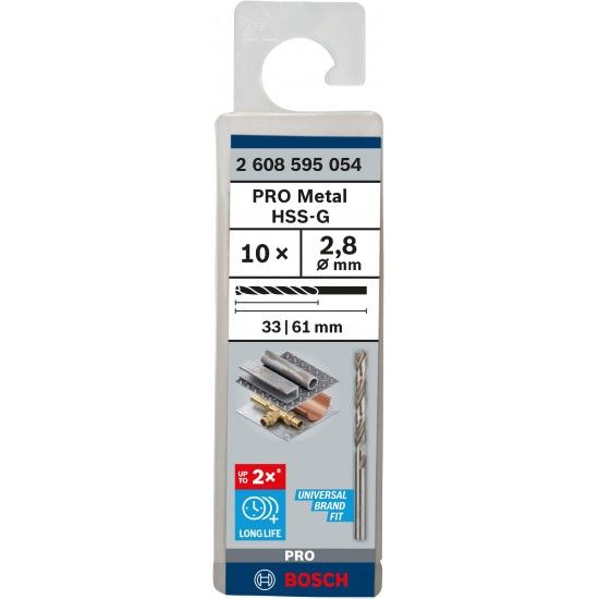 Broca PRO Metal HSS-G, 2,8 x 33 x 61 mm, 10 unid. refª 2608595054 BOSCH Broca PRO Metal HSS-G, 2,8 x 33 x 61 mm, 10 unid. refª 2608595054 BOSCH