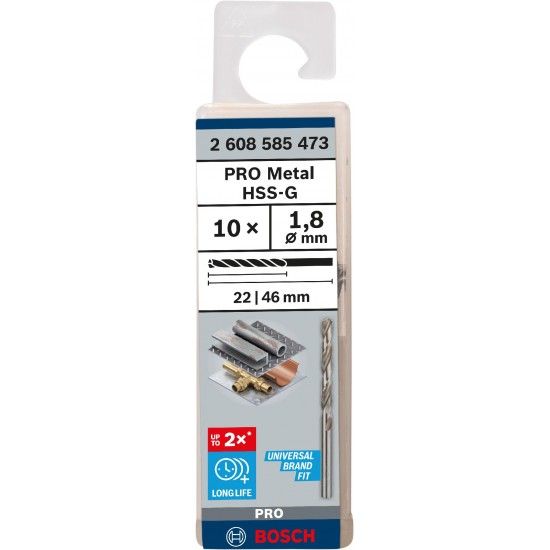Broca PRO Metal HSS-G, 1,8 x 22 x 46 mm, 10 unid. refª 2608585473 BOSCH Broca PRO Metal HSS-G, 1,8 x 22 x 46 mm, 10 unid. refª 2608585473 BOSCH