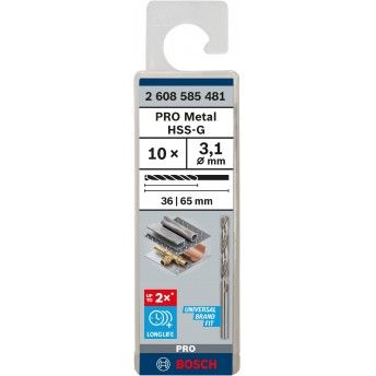 Broca PRO Metal HSS-G, 3,1 x 36 x 65 mm, 10 unid. refª 2608585481 BOSCH Broca PRO Metal HSS-G, 3,1 x 36 x 65 mm, 10 unid. refª 2608585481 BOSCH