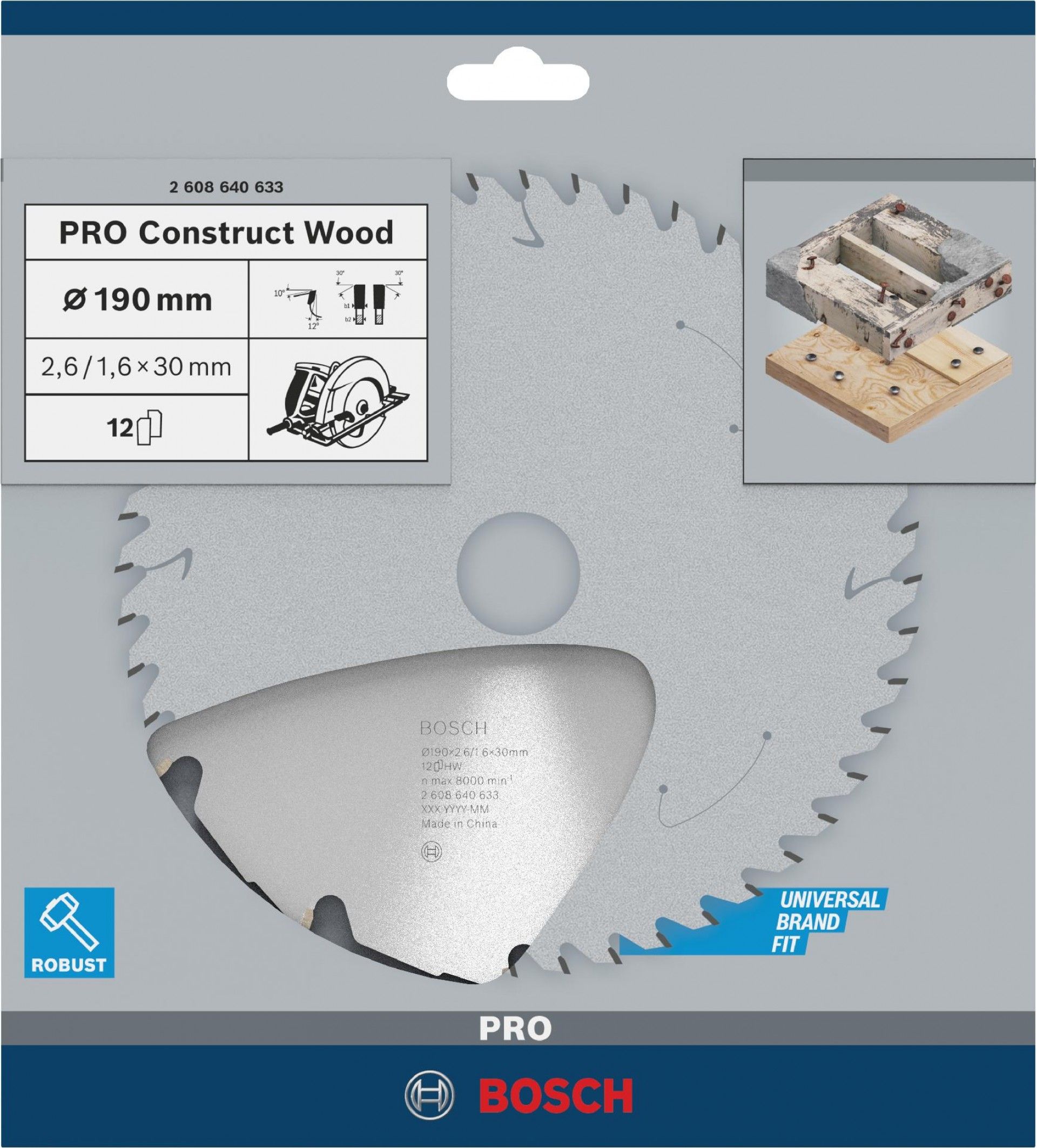 Disco PRO Construct Wood, 190 x 2,6 x 30 mm refª 2608640633 BOSCH