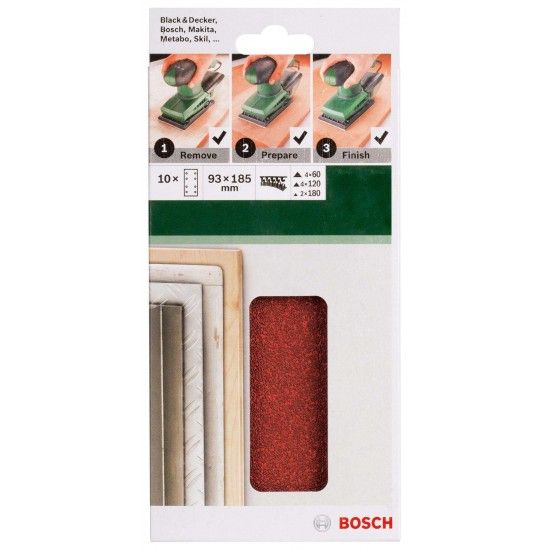 Conjunto de 10 folhas de lixa para lixadeira vibratóriaG= 60, 120, 180 refª 2609256A86 BOSCH Conjunto de 10 folhas de lixa para lixadeira vibratóriaG= 60, 120, 180 refª 2609256A86 BOSCH
