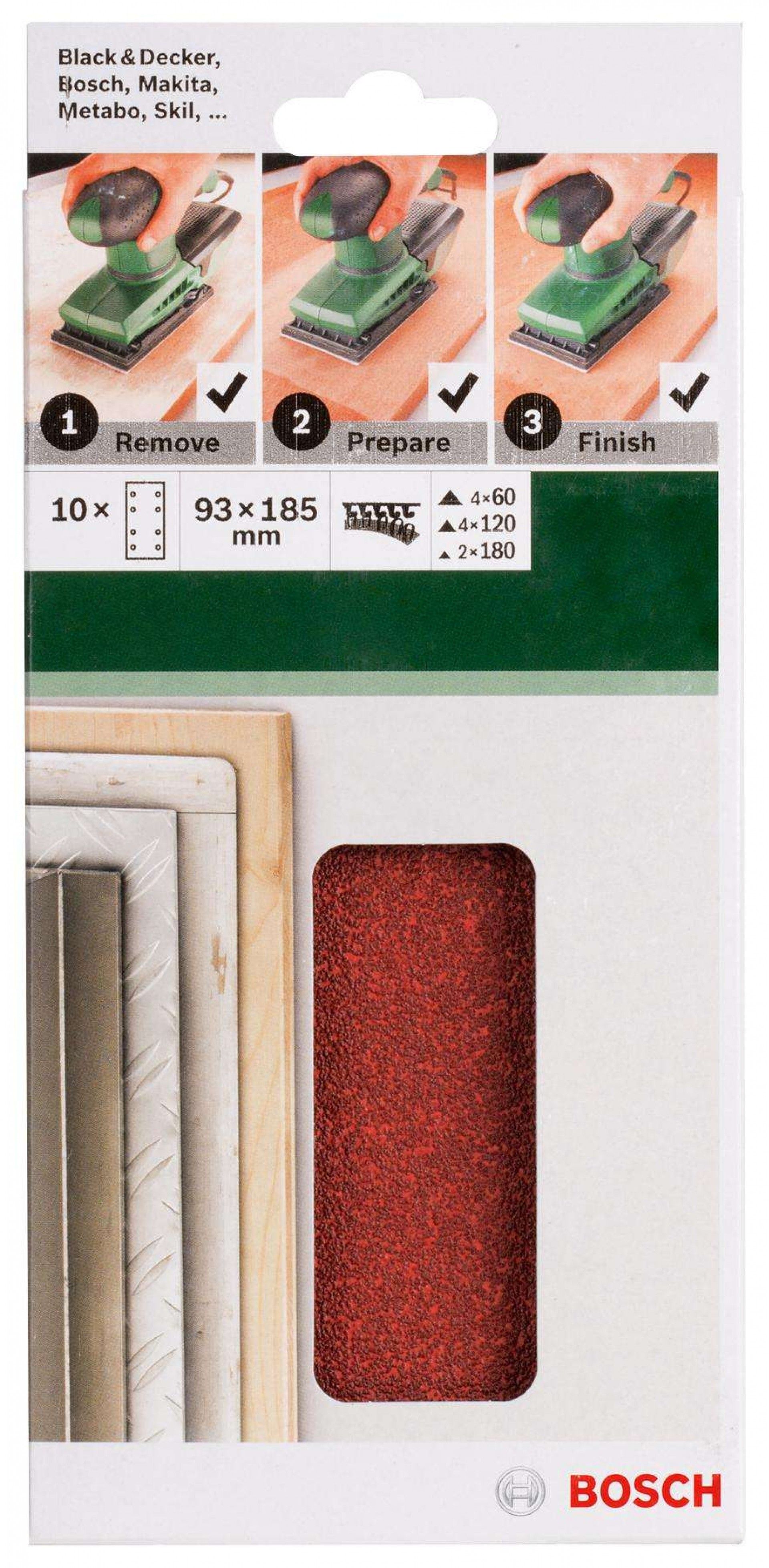 Conjunto de 10 folhas de lixa para lixadeira vibratóriaG= 60, 120, 180 refª 2609256A86 BOSCH