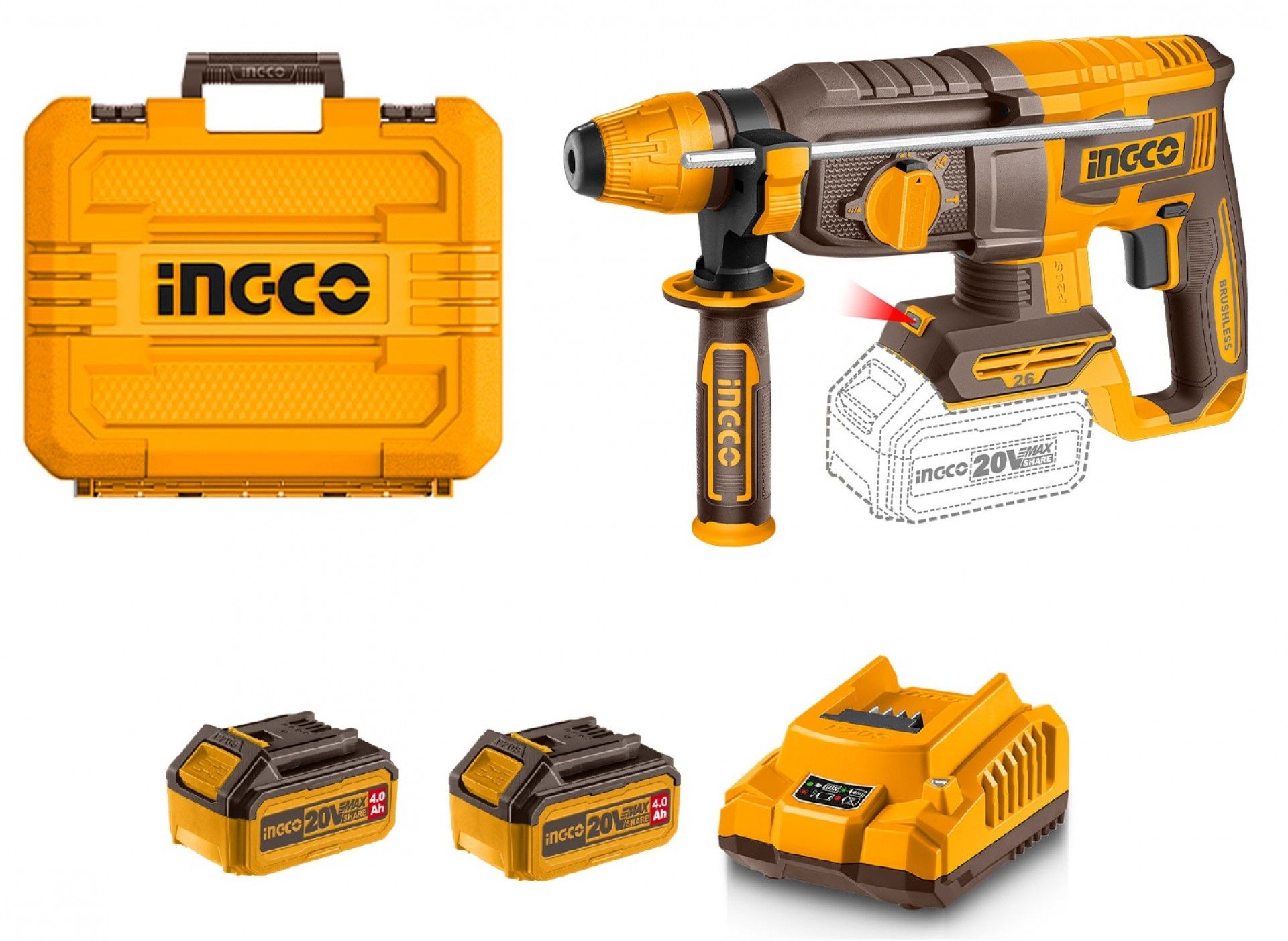 Martelo perfurador 20v brushless 2 baterias 4.0Ah + carregador +mala refª CRHLI202682E IngCo