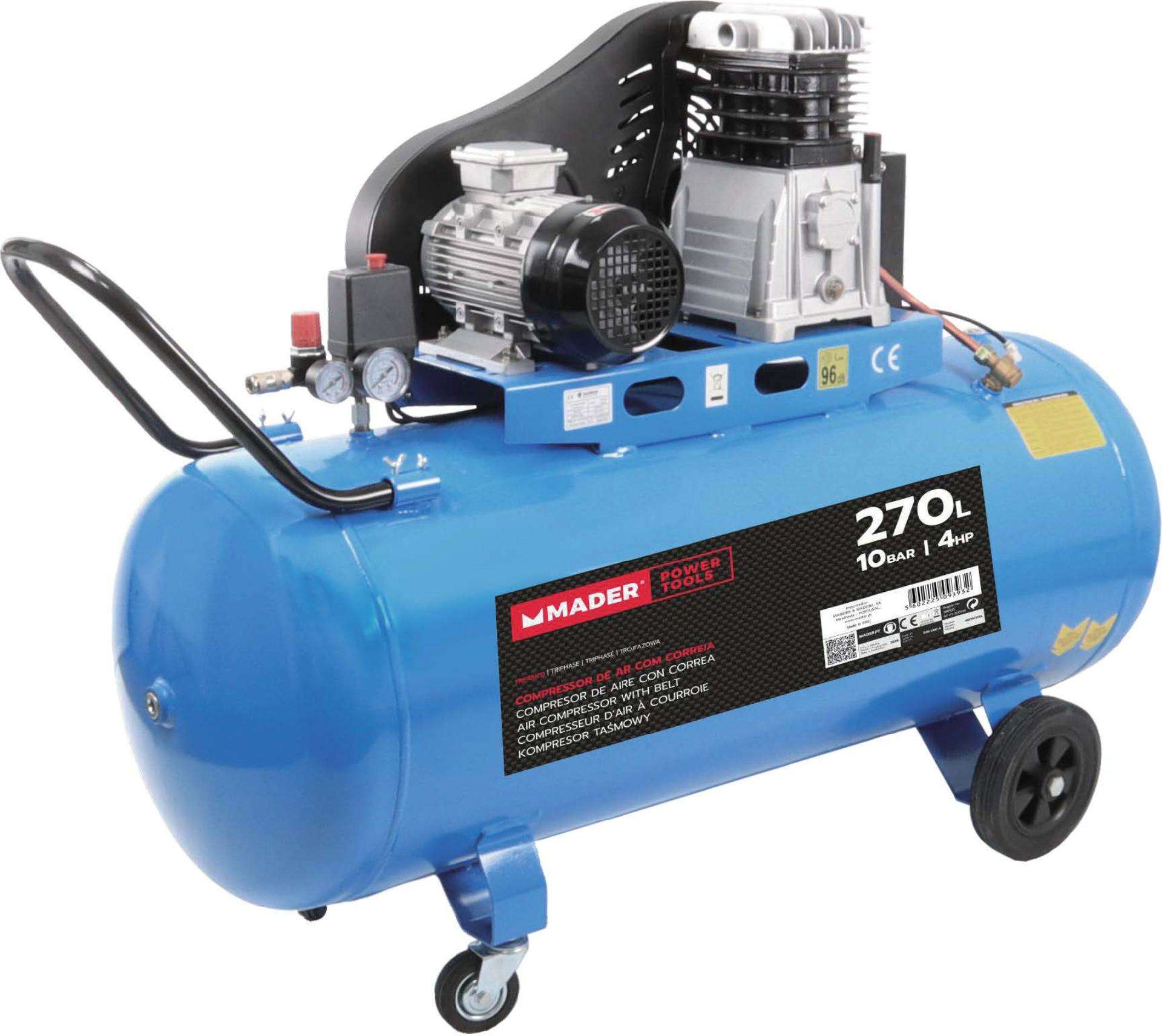 Compressor de Ar, Correia, 270L, 4hp, 10Bar, Trifásico ref. 09393 MADER