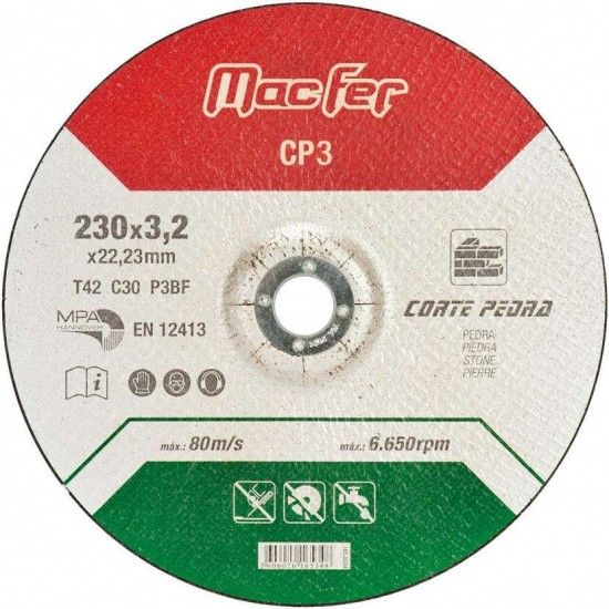 Disco abrasivo corte pedra MacFer CP 230x3,2x22,23mm ref 165.0034 MACFER