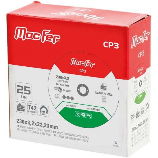 Disco abrasivo corte pedra MacFer CP 230x3,2x22,23mm ref 165.0034 MACFER