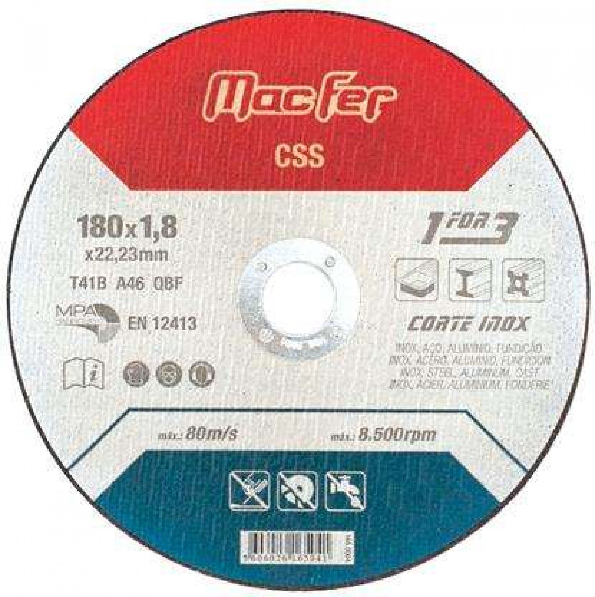 Disco abrasivo corte inox MacFer CSS 230x2,0x22,23mm refª 165.0005 MACFER