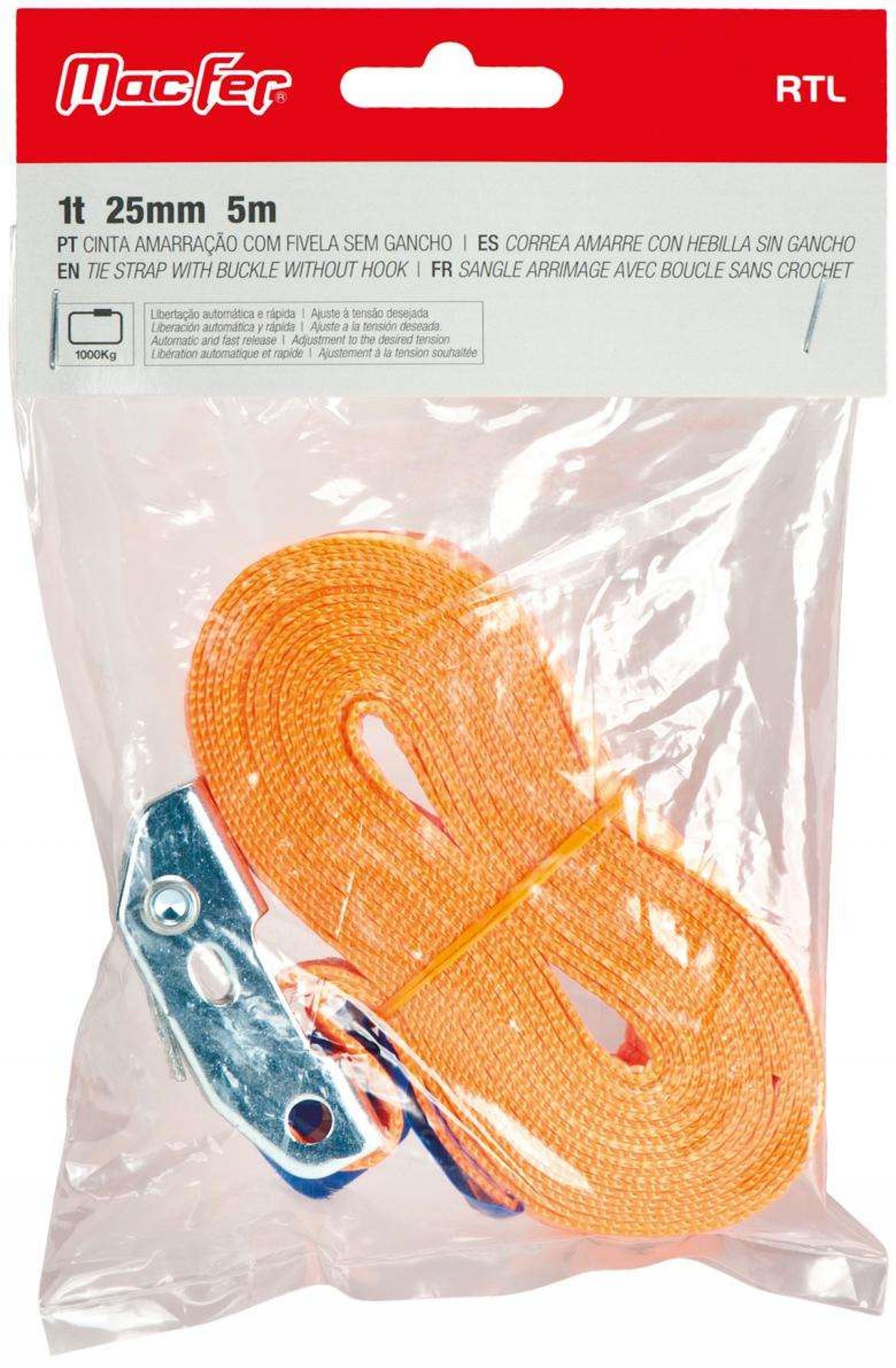 Cinta amar. c/ fivela s/ gancho MacFer RTL 1t 25mm 5m refª 132.0006 MACFER