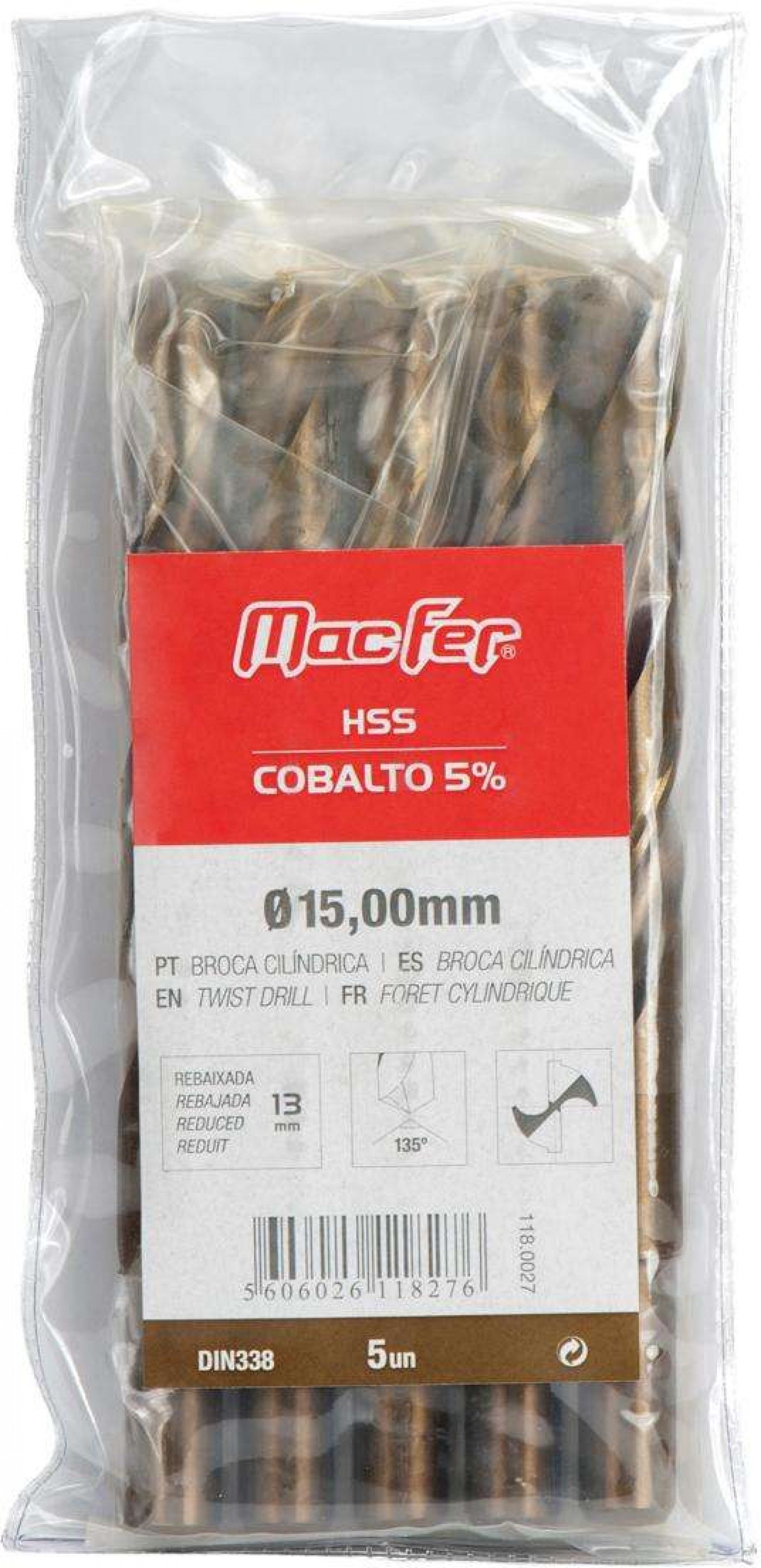 Broca cil. MacFer HSS-Cobalto 5% 14,0mm (reb. 13mm) refª 118.0026 MACFER