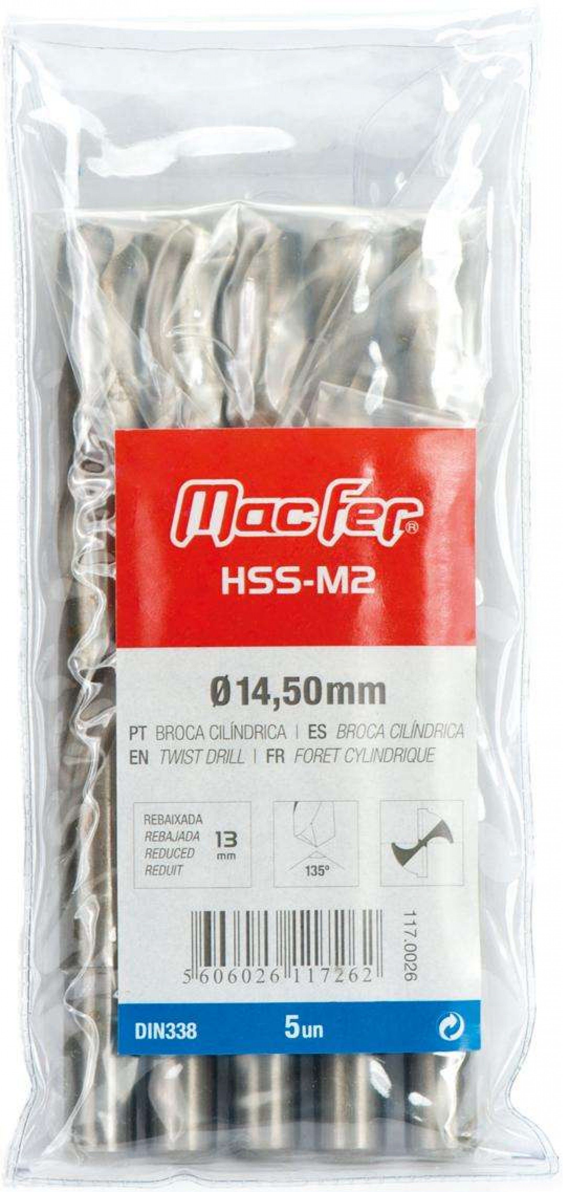 Broca cilíndrica MacFer HSS-M2 15,0mm (reb. 13mm) refª 117.0045 MACFER