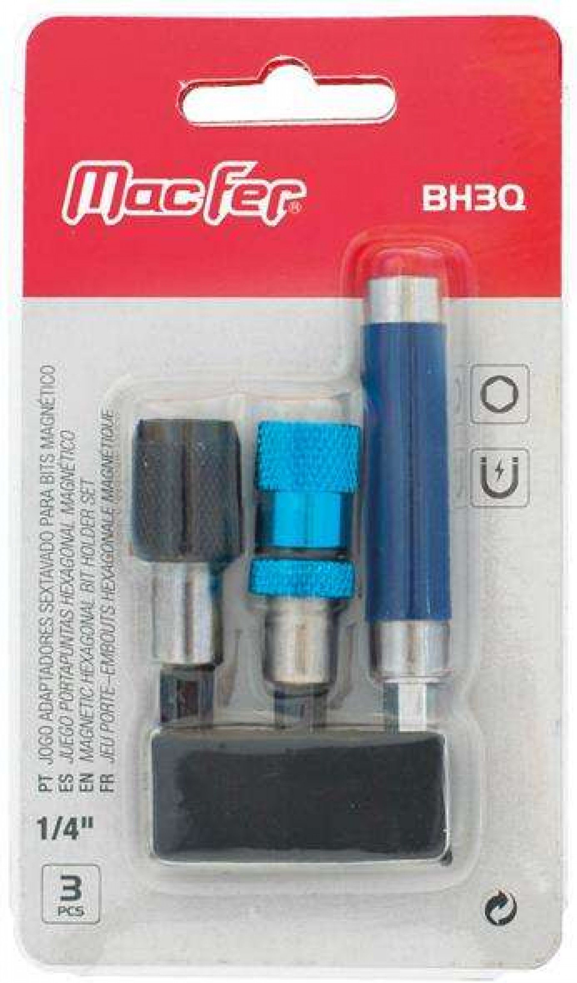 Jogo adaptadores sextavado para bits magnético BH3Q ¼" 3pçs refª 046.0080 MACFER