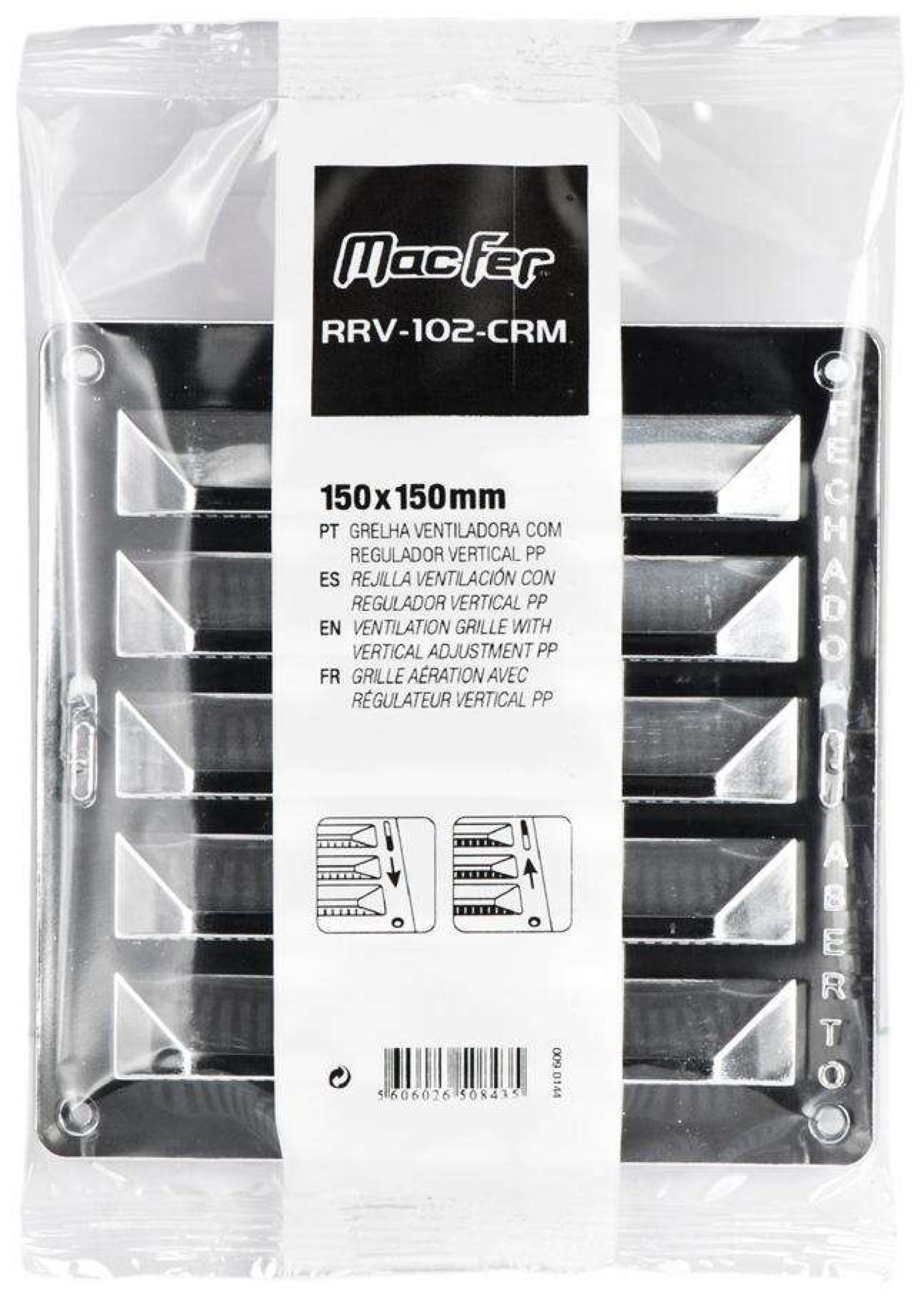 Grelha ventiladora com regulador vertical PP RRV-102-CRM 150x150mm cromada refª 009.0144 MACFER