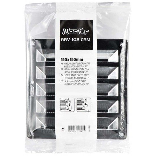Grelha ventiladora com regulador vertical PP RRV-102-CRM 150x150mm cromada refª 009.0144 MACFER Grelha ventiladora com regulador vertical PP RRV-102-CRM 150x150mm cromada refª 009.0144 MACFER